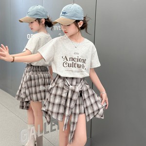 비비키드 초등생 상의 초중생 하의 주니어 Ancient Culture 반팔티 리본 체크 치마바지 세트 여아 여름 초등생 상의+하의 세트 (2567)
