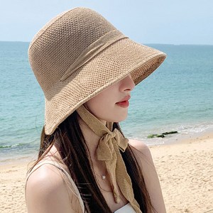 유니빈스 여성 여름 끈 모자 보닛 라피아 버킷 햇