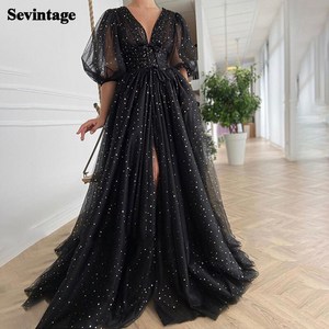 Sevintage블랙별이빛나는얇은명주그물무도회드레스반퍼프소매웨딩파티드레스플리츠스플릿스윕트레인긴무도회가운벨트