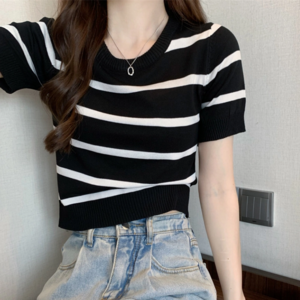 SINEET 여성용 여름 반팔 티 티셔츠 여름 니트 기본스타일 스트라이프 반팔티셔츠 FREE 70-95근의