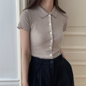 어피어드 셔링 주름 슬림 골지 버튼 카라티