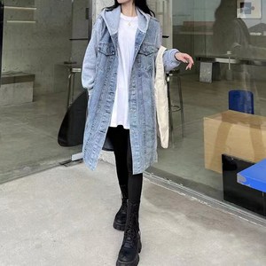 [오버나인] 여성 배색 데님 후드 점퍼 루즈핏 아우터 청자켓