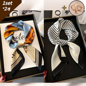 Degrey 여성 미니 사각 스카프 2종 세트 스카프링 포함