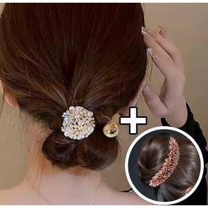 큐빅 올림머리 당고머리 와이어 헤어핀 진주 곱창밴드 똥머리 스크런치 혼주 머리끈 2종세트