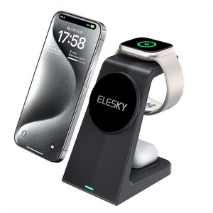 ELESKY엘스키 맥세이프 3in1 무선충전기 애플워치 아이폰 에어팟 호환 거치대 W69, 블랙, 1개