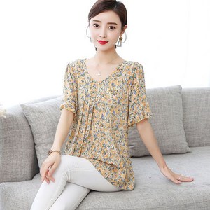 ROYALBELLE 여성 브이넥 잔꽃무늬 반팔 블라우스 루즈핏 편안한 데일리 빅사이즈 티셔츠 V030219