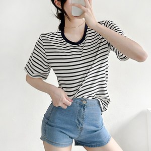데일로엔 여성 라운드넥 줄무늬 반팔티셔츠