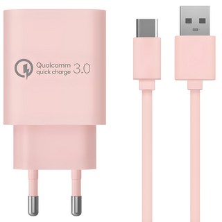 홈플래닛 퀄컴 공식인증 QC 3.0 18W 고속충전기 + C타입 케이블 1.2m 세트, 핑크, 1개
