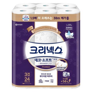크리넥스 데코 앤 소프트 화이트 천연펄프 3겹 고급롤화장지, 38m, 24개입, 1개 크리넥스데코앤소프트35m12