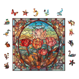 YouRPUZZLE 拼圖 湖畔之韻, 造型木質拼圖 18 x 18 cm, 15種動物, 1組, 100pcs