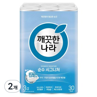 깨끗한나라 순수 시그니처 천연펄프 3겹 고급롤화장지, 27m, 30개입, 2개