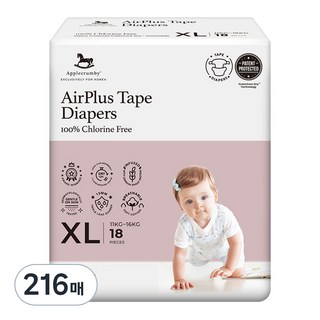 애플크럼비 오리지널 테이프형 기저귀 남녀공용, 216매, 특대형(XL)