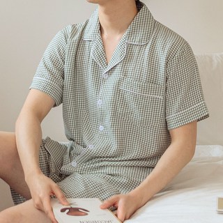 도씨 남성용 냉감 통기성 시어서커 레이온 카라 반팔 잠옷 세트