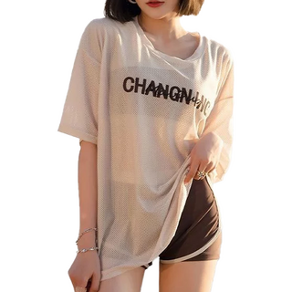 女款三件式分體泳衣 平角泳衣套裝 + 罩衫, M碼(平量腰圍 32cm x 體重42~50kg x 身高 150~160cm), 棕色