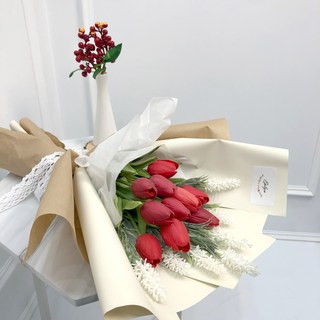 이플린 조화 라벤더 튤립꽃다발, 레드, 1개