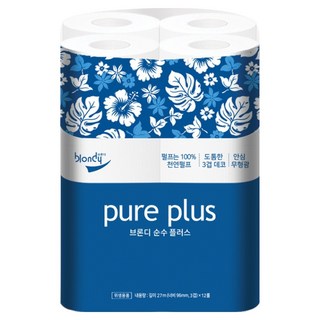 브론디 순수플러스 천연펄프 3겹 고급롤화장지, 27m, 12롤, 1개 휴지 브론디 순수플러스 천연펄프 3겹 고급롤화장지, 27m, 12롤, 1개 휴지
