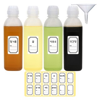 홈메이드 흐르지않는 깔끔 소스통 500ml x 4p + 깔대기 + 양념라벨 12p 세트, 2L, 1세트