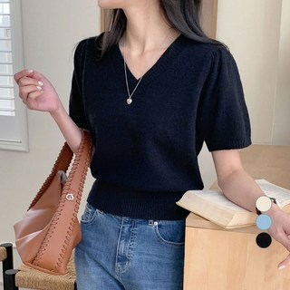 아피나르 여성용 벌룬 슬리브 브이넥 데일리 반팔 니트
