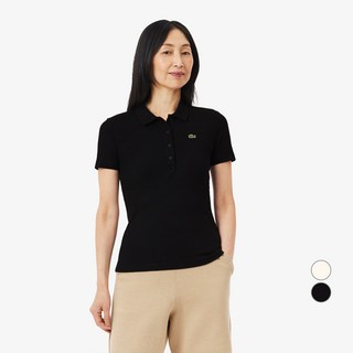 라코스테 여성용 립조직 슬림핏 폴로 면 반소매 티셔츠