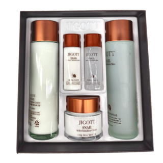 JIGOTT蝸牛彈力保濕禮盒五件組 (化妝水150ml+30ml+乳液150ml+30ml+面霜50ml) 基礎護膚套裝, 1組