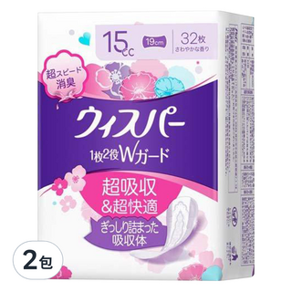 Whisper 好自在 女性專用二用衛生墊 15cc 19cm 32片, 超吸收&超快適, 超快速消臭, 2包