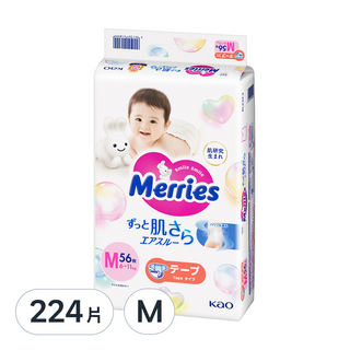 Merries 妙而舒 金緻柔點透氣黏貼型尿布，三重透氣設計，柔點氣墊，瞬吸尿便, 224片, M