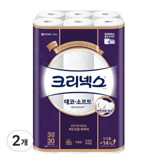 크리넥스 데코앤소프트 천연펄프 3겹 고급롤화장지, 27m, 30개입, 2개