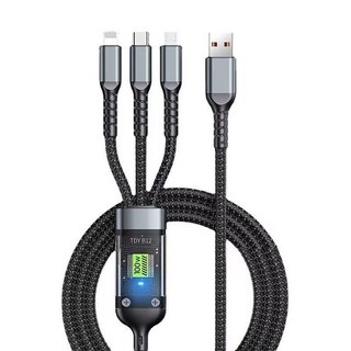 YORI 優里 USB-Type-C-Lightning-Micro 透明指示燈一拖三充電線, 120cm, 黑色, 1條