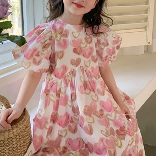 이유몽 여아용 루잉 하트 퍼프 스모크 밴딩 원피스