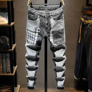 AOKADA 남성 패치워크 청바지 가을 스판 카고 데님 팬츠