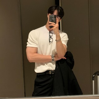 ANYOU 남자 머슬핏 반팔티 니트 어깨넓어보이는 티셔츠