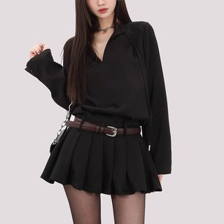 POMTOR프렌치 무드 체크 루즈핏 스트링 체크 셔츠 여성 미니 원피스