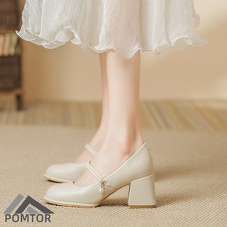 POMTOR 여성 세련된 하이힐 데일리 편안한 통굽 스트랩 힐 6CM