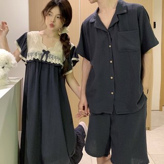 러빙리 오르골 여름 반팔 커플 잠옷 신혼부부 파자마 러블리 레이스 프릴 원피스 홈웨어 상하세트