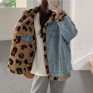 여성 양면용 데님자켓 기모 가을겨울 간절기 카라넥 레오파드 후리스 아우터 외투 오버핏 캐주얼 뽀글이 자켓 외투