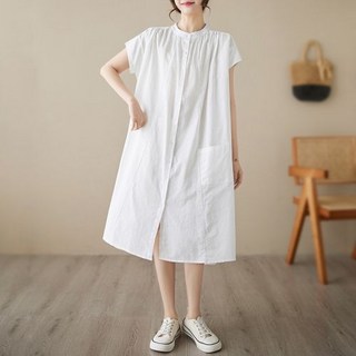 여성용 여름 빅사이즈 루즈핏 린넨 원피스 미디 하이넥 반팔 원피스 25HNG07JJ