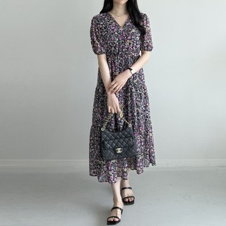 행복여 팬시 플라워 꽃나염 브이넥 벌룬 쉬폰 플레어 원피스