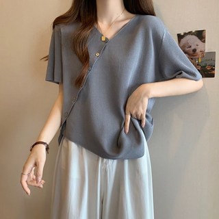 ROYALBELLE 여성 여름 빅사이즈 언밸런스 브이넥 반팔 니트티 루즈핏 날씬핏 데일리 티셔츠 B0052421