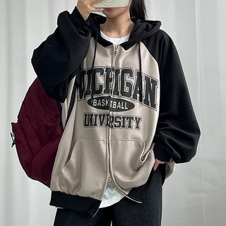 오버핏 미시간 나그랑 투웨이 후드집업 3컬러 배색 아우터 레터링 오버핏후드집업