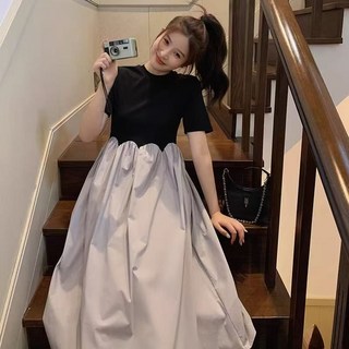 Hasvz 여름 여성 원피스 슬림핏 솔리드 폴리 라운드 기질 우아한 디자인 감각 A라인 롱 원피스