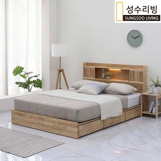 성수리빙 제인 LED 세로갤러리 3단수납 원목침대 프레임 Q SS / 내추럴 월넛, 매트리스 선택안함