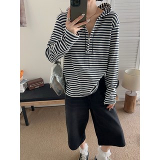 여성용 루즈핏 스트라이프 후드티 봄 가을 일상 긴팔 티셔츠 여자 이너티