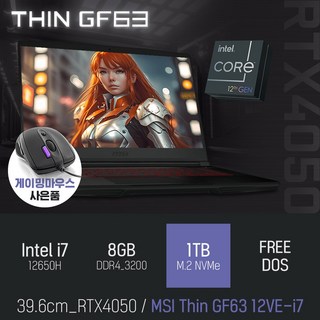 MSI Thin GF63 12VE-i7 [이벤트 한정특가 / 사은품증정], Free DOS, 8GB, 1TB, 코어i7, 블랙