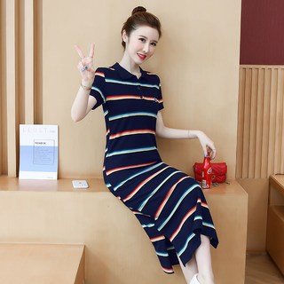 POLO 슬림 스트라이프 롱 원피스