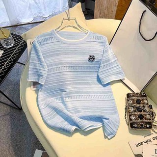 DA1712여자 봄 여름 가을 고퀄 면혼방 린넨 골지 니트 라운드넥 반팔 라인 트위드 자수 패턴 베이직 티셔츠 니트티 티 이너 상의 이지웨어 데일리룩