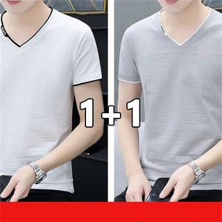 AOKADA 1+1 남성 반팔 티셔츠 브이넥 슬라브 면 박스핏 라운드넥 레터링 프린팅 루즈핏 면티 중년 남자 반팔티 기본티 이너티