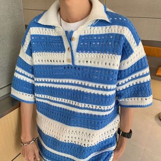 Skyciky 남성 복고풍 스트라이프 카라 니트 반팔 티셔츠 여름 루즈핏 스트리트 상의 GG60