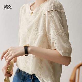 POMTOR 여성 무지 반팔 플라워 패턴 펀칭 블라우스