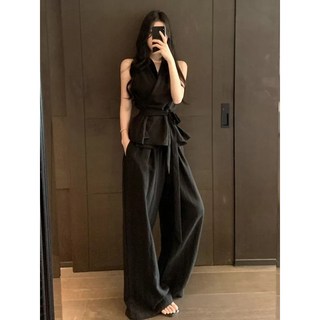 여성 블랙 와이드 팬츠 & 슬리브리스 투피스 여름 세트