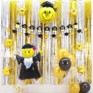 파티짱 수료 가랜드 풍선 커튼 세트 장식 축하 파티 소품, 1개, 수료 (스마일리본 골드실버)